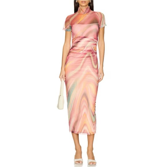 Amanda Uprichard Dresses & Skirts - Amanda Uprichard Dominique Abstract Print Mesh Ruched Midi Dress Women’s Size XS